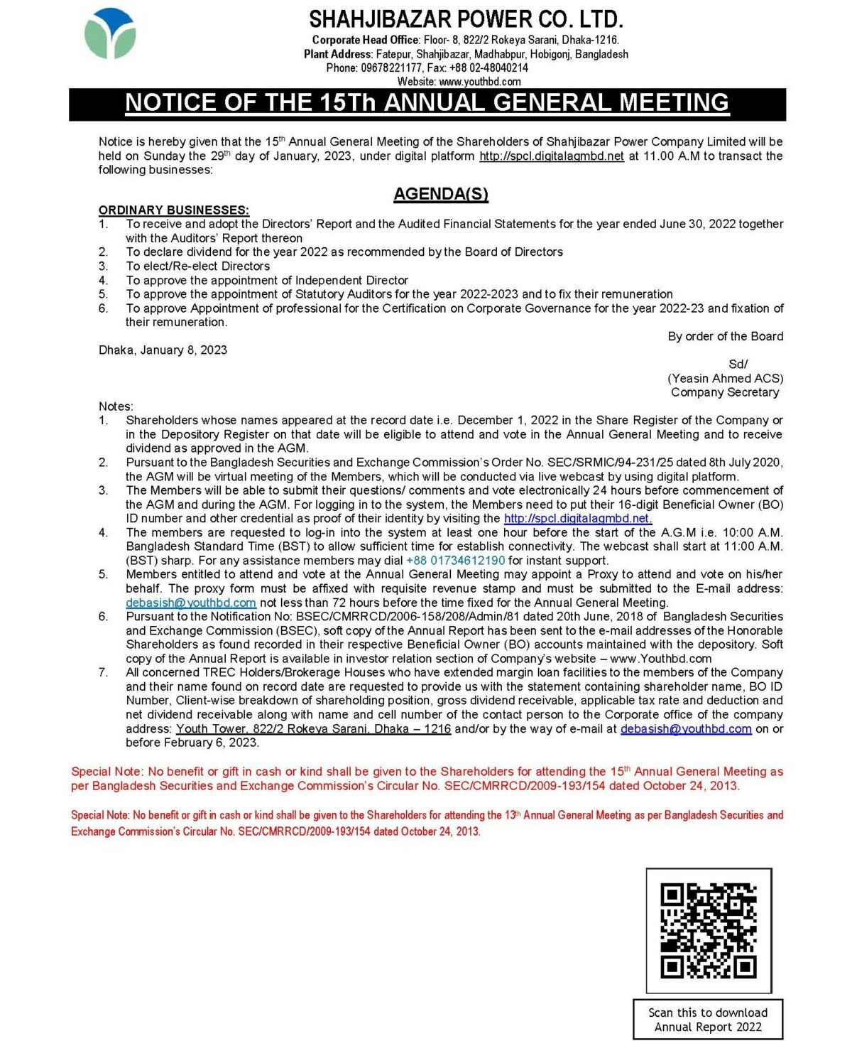 SPCL 15th AGM Notice